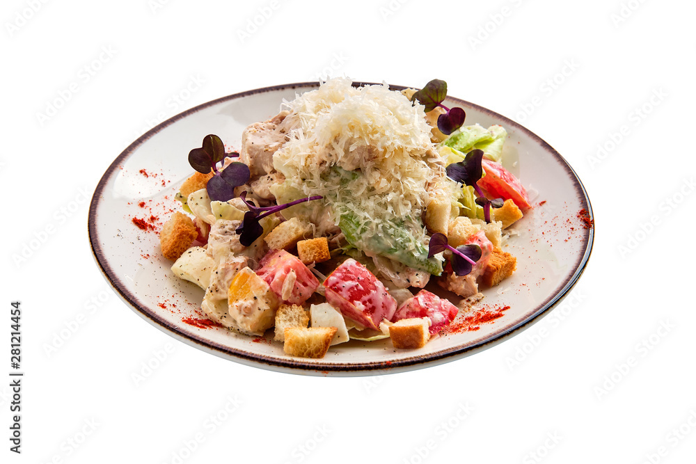 Salad with chicken, cheese, tomato, cabbage and crouton isolated on white Salad with chicken, cheese, tomato, cabbage and crouton isolated on white