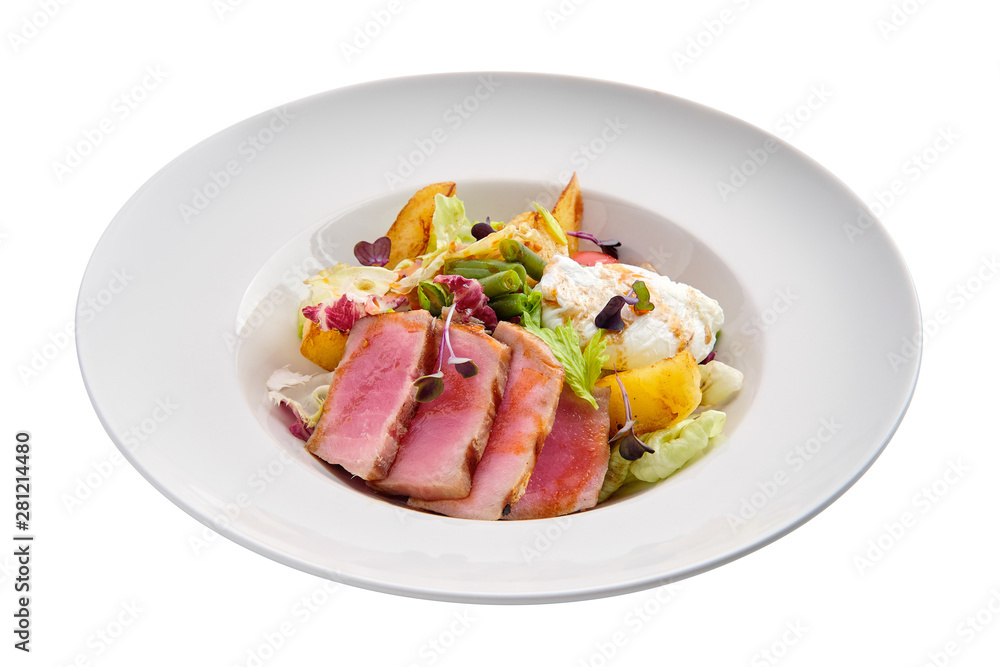 Grilled tuna with potato, cabbage, green beans and poached egg isolated on white Grilled tuna with potato, cabbage, green beans and poached egg isolated on white