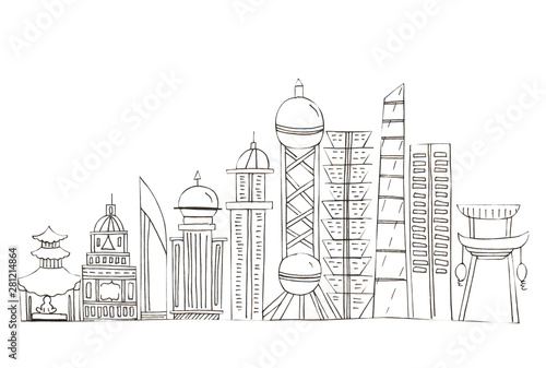 Illustration of sketch drawing black contour of skyline cities on a white isolated background.