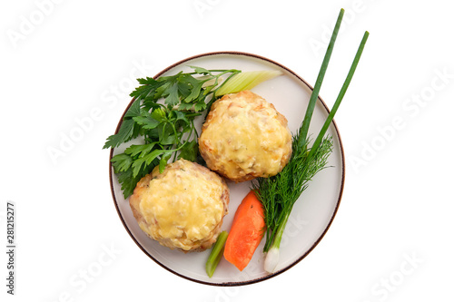 Cutlet covered with melted cheese served with fresh carrot, spring onion and parsey photo