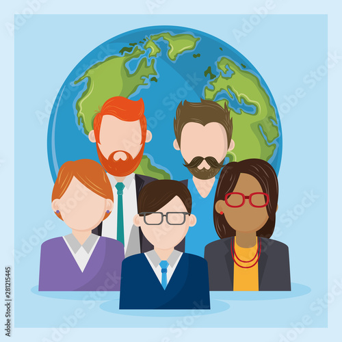 Business workers characters on world symbol