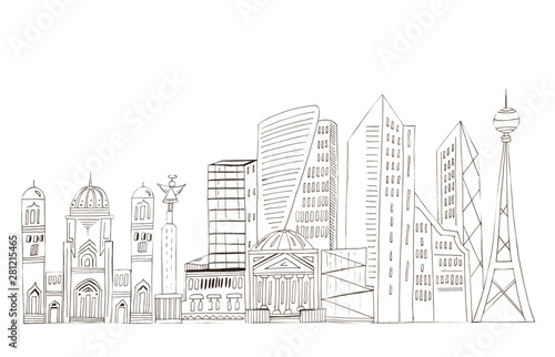 Illustration of sketch drawing black contour of skyline cities on a white isolated background.