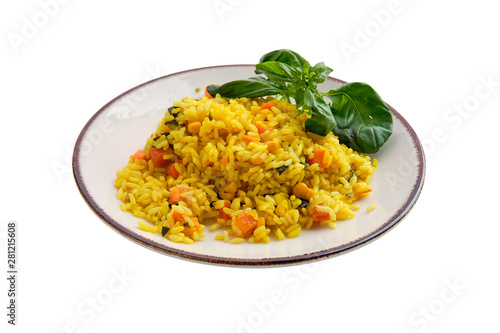 Rice curry with nut, corn and carrot isolated on white