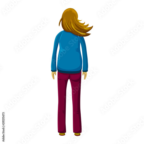 hand drawn illustration of young standing woman with waving or flying dark hair, dressed in casual or sport blue jacket and lilaс trousers. Woman back view in cartoon flat style isolated on white.
