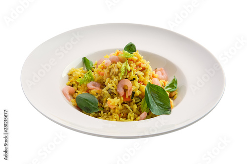 Rice with shrimps isolated on white