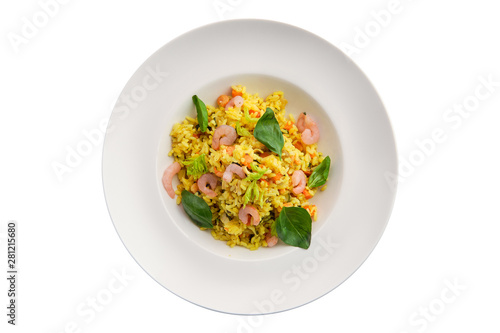 Rice with shrimps isolated on white