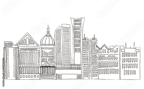 Illustration of sketch drawing black contour of skyline cities on a white isolated background. #281216216