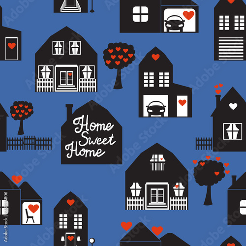Black houses seamless pattern with cute house. Sweet home Surface design. Vector illustration