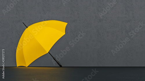 Mustard yellow open umbrella on dark wallpaper, copy space, high contrast, vertical billboard poster, 3d rendering, 3d illustration