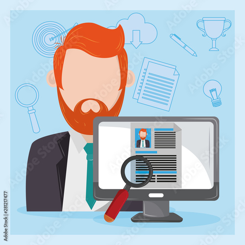 Job interview computer with checking worker CV profile