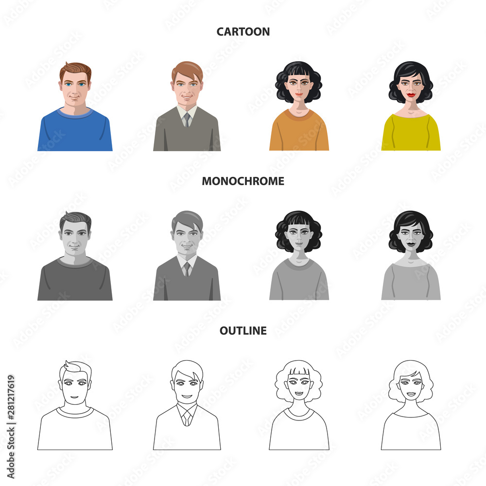 Isolated object of hairstyle and profession icon. Collection of hairstyle and character stock symbol for web. Isolated object of hairstyle and profession icon. Collection of hairstyle and character stock symbol for web.