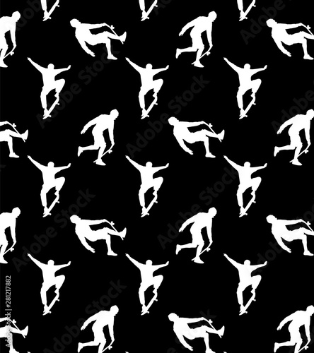 Seamless patterns with white silhouettes skateboarders on black background. Skateboarding trick ollie, young guy riding a skateboard. Extreme sport vector illustration.