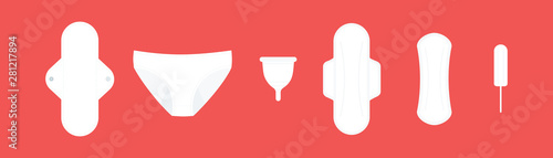 Feminine hygiene products. Classic products: sanitary pads and tampon. Sustainable products: cloth menstrual pad, period panties and menstrual cup. Red background. Vector illustration, flat design