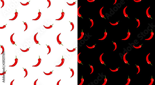 Set of seamless patterns of small red chili peppers with green tails on a black and white background. Vector illustration.
