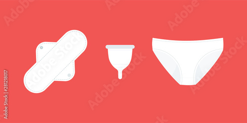 Zero waste feminine hygiene products. Sustainable products: cloth menstrual pad, period panties and menstrual cup. Vector illustration, flat design