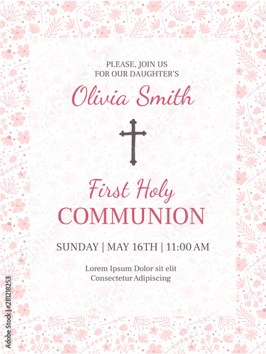 Fotografija First holy communion greeting card design template