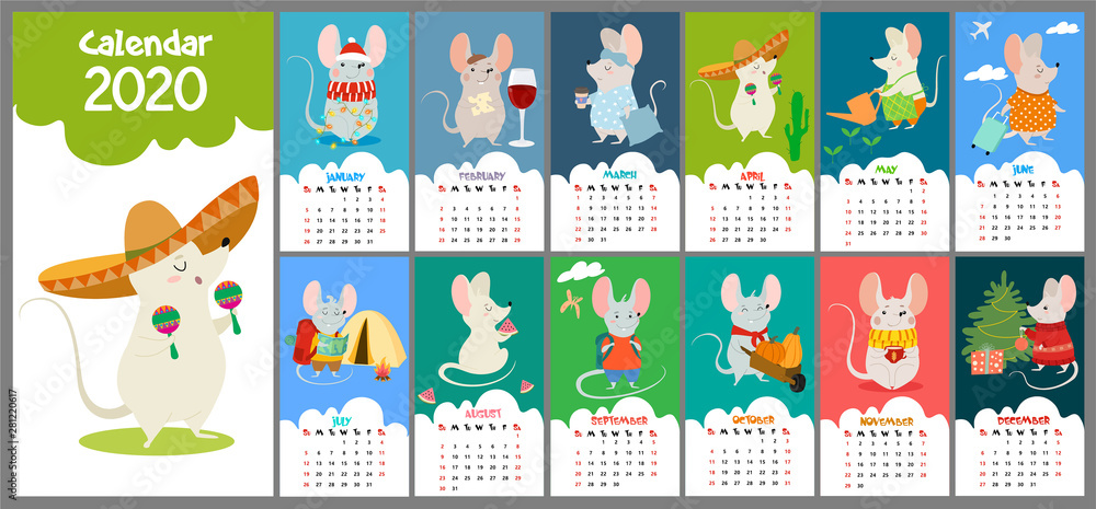 Fototapeta premium Cute, stylized hand-drawn monthly 2020 calendar with rats. Can be used for banner, poster, card, postcard and printable.