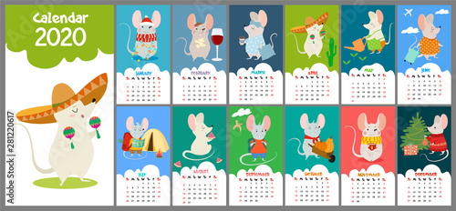 Cute  stylized hand-drawn monthly 2020 calendar with rats. Can be used for banner  poster  card  postcard and printable.