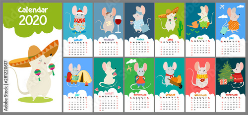 Cute, stylized hand-drawn monthly 2020 calendar with rats. Can be used for banner, poster, card, postcard and printable.