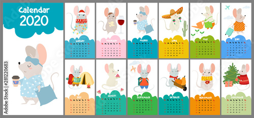 Cute, stylized hand-drawn monthly 2020 calendar with rats. Can be used for banner, poster, card, postcard and printable.