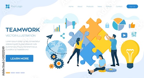 Teamwork concept. People connecting puzzle elements. Business team. Symbol of teamwork, cooperation, partnership, association and connection. Team metaphor. Business concept. Vector Illustration.
