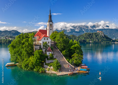 Slika na platnu Bled, Slovenia - Aerial drone view of beautiful Lake Bled (Blejsko Jezero) with