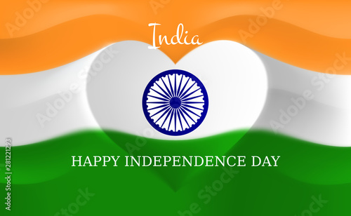 August 15, india independence day, heart shaped indian flag vector template. Background with flying flag. Indian national holiday august 15. Happy independence day greeting card