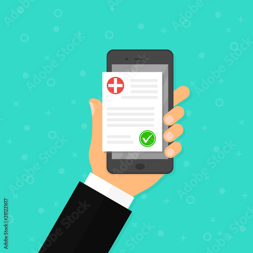 Health app on smartphone screen. Healthcare, medical app, mhealth, health monitoring concept. Hand holding smartphone, finger touching screen. Modern flat design graphic elements. Vector illustration