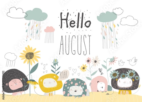 Cute lions with flowers and clouds. Hello august