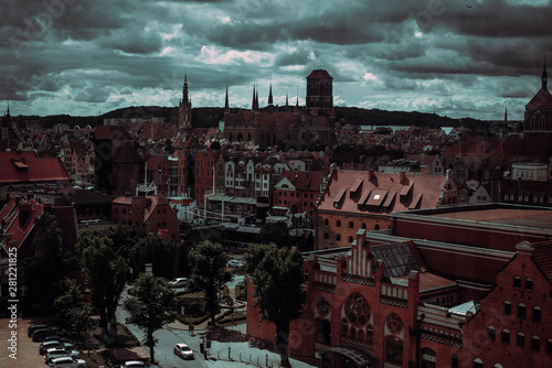 Old Town and famous crane of Gdansk, aerial view from ferris wheel. Travel to Poland. Tourism industry. Polish architecture. City tour. Urban landscape. Street view. Europe sightseeing concept. photo