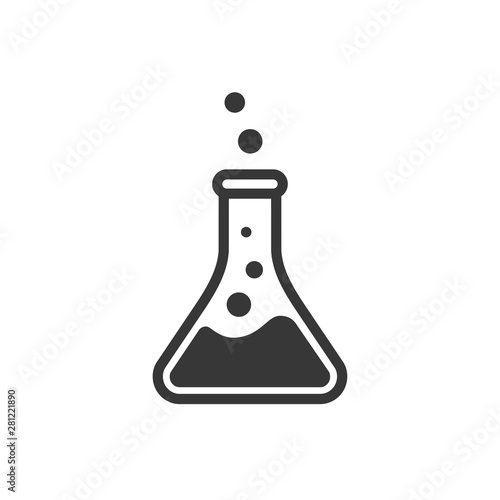 Laboratory beaker icon. Сhemical experiment in flask. Сhemistry and biology symbol. Flask vector illustration. Science technology. Isolated black object on white background. photo