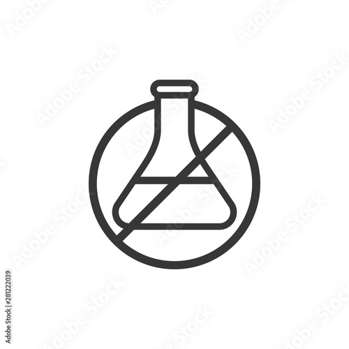 Chemical free icon. Сrossed sign with laboratory beaker. Vector illustration. Isolated black object on white background.