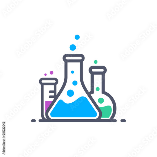 Laboratory beakers icon. Сhemical experiment in flasks. Сhemistry and biology symbol. Flasks vector illustration. Science technology. Isolated black object on white background.