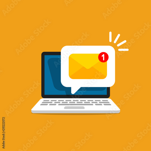 Email message on screen in laptop. Message reminder concept. Newsletter on computer. Vector illustration in flat style. photo