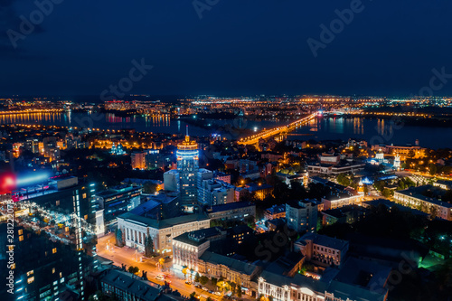 Night City, Aerial View European midtown after sunset, drone shot