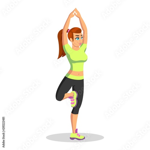 Girl in sport uniform standing in vrikshasana, doing tree pose. Young brunette woman practising hatha yoga at fitness club or at home. Vector cartoon illustration isolated on white background.