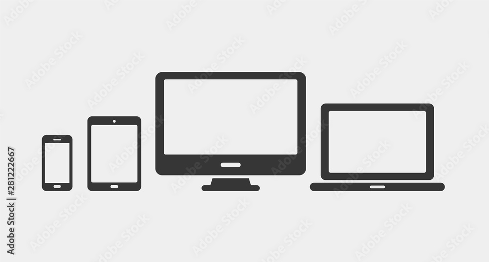 Device icons set. Laptop, computer, desktop pc, tablet, smartphone. Office and home digital gadget. Black symbol for web design. Isolated vector illustratin in white background. Device icons set. Laptop, computer, desktop pc, tablet, smartphone. Office and home digital gadget. Black symbol for web design. Isolated vector illustratin in white background.