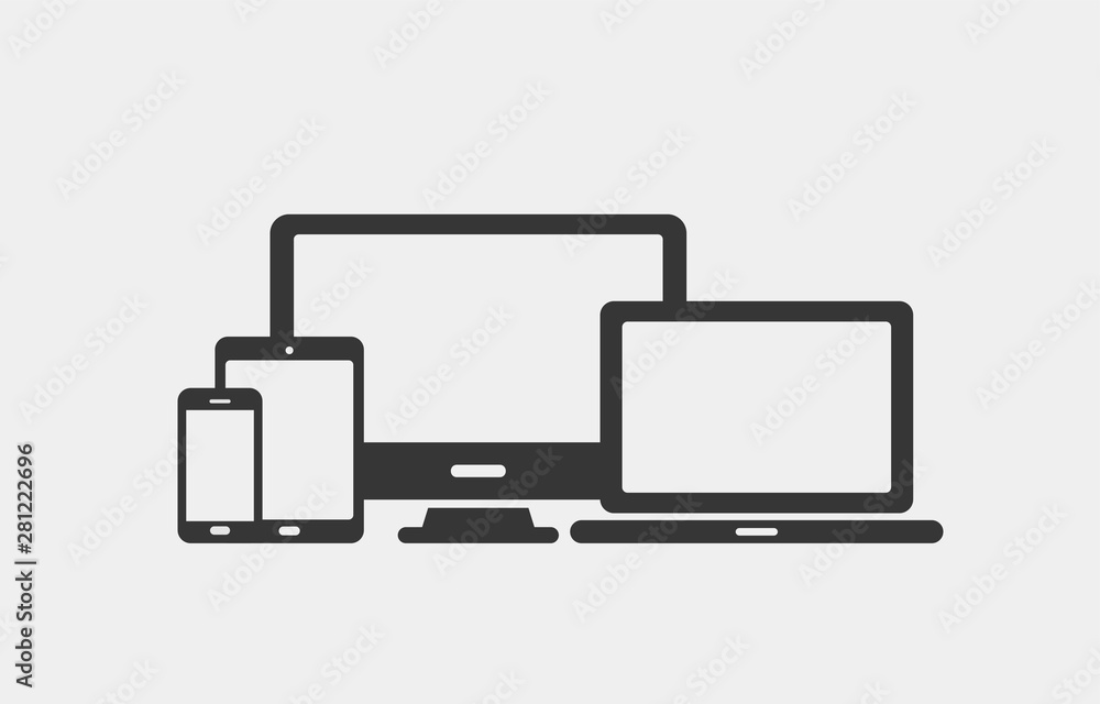 Device icons set. Laptop, computer, desktop pc, tablet, smartphone. Office and home digital gadget. Black symbol for web design. Isolated vector illustratin in white background.