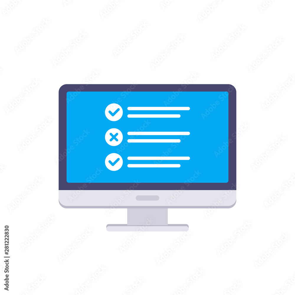 Online surveys form. Online exam. Checklist on the computer screen. Isolated vector illustration in flat style. Online surveys form. Online exam. Checklist on the computer screen. Isolated vector illustration in flat style.