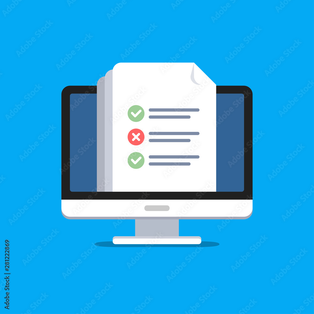 Online surveys form. Online exam. Checklist on the computer screen. Isolated vector illustration in flat style. Online surveys form. Online exam. Checklist on the computer screen. Isolated vector illustration in flat style.