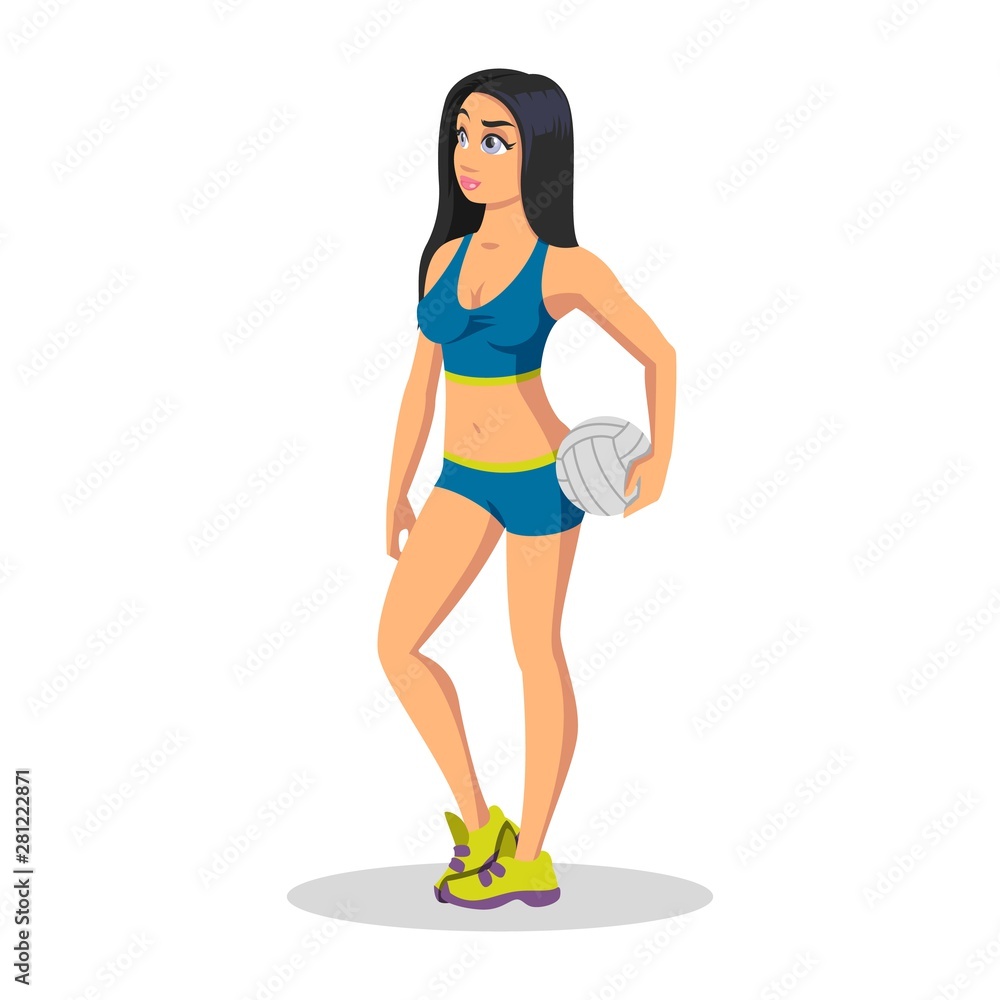Girl in sport bra, shorts tights, sneakers standing and keeping volleyball  ball. Brunette doing exercises. Sportive, active, healthy lifestyle of  young woman. Fitness model. Cartoon on white. Stock Vector | Adobe Stock