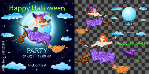 Redhead enchantress on a broom invites to a party