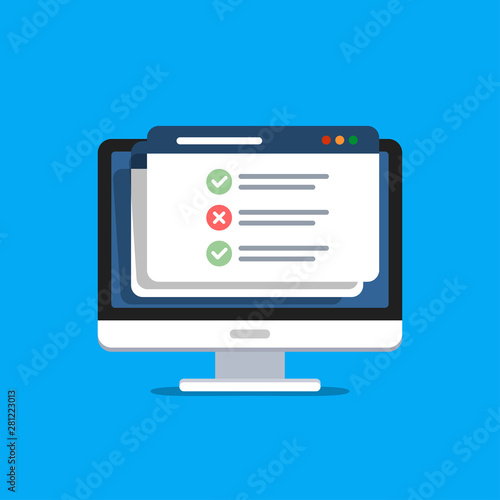 Online surveys form. Online exam. Checklist on the computer screen. Isolated vector illustration in flat style.