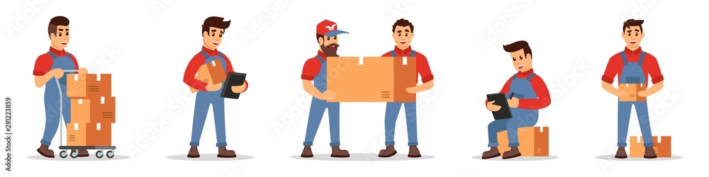Consecution of delivery service actions. Worker in uniform transporting goods on cart, man counting price, mover or loader carrying cardboard boxes. Cartoon vector set isolated on white background.. Consecution of delivery service actions. Worker in uniform transporting goods on cart, man counting price, mover or loader carrying cardboard boxes. Cartoon vector set isolated on white background..