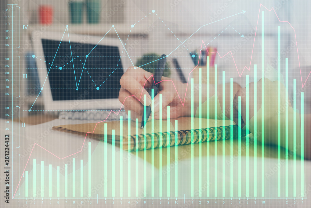 Financial graph displayed on woman's hand taking notes background. Concept of research. Double exposure Financial graph displayed on woman's hand taking notes background. Concept of research. Double exposure