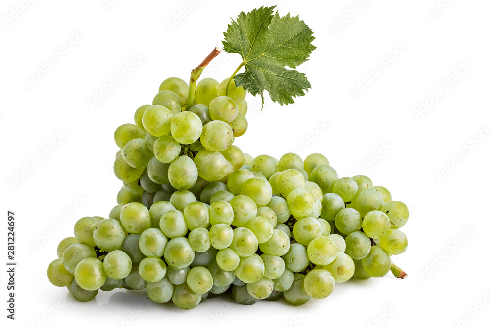 Fresh ripe white grapes cluster with leaves isolated on a white Fresh ripe white grapes cluster with leaves isolated on a white