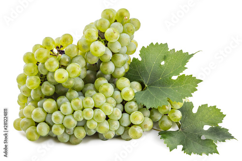 Fresh ripe white grapes cluster with leaves isolated on a white