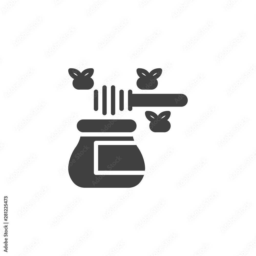 Bee honey vector icon. filled flat sign for mobile concept and web design. Honey jar with spoon and honeybee glyph icon. Symbol, logo illustration. Vector graphics Bee honey vector icon. filled flat sign for mobile concept and web design. Honey jar with spoon and honeybee glyph icon. Symbol, logo illustration. Vector graphics