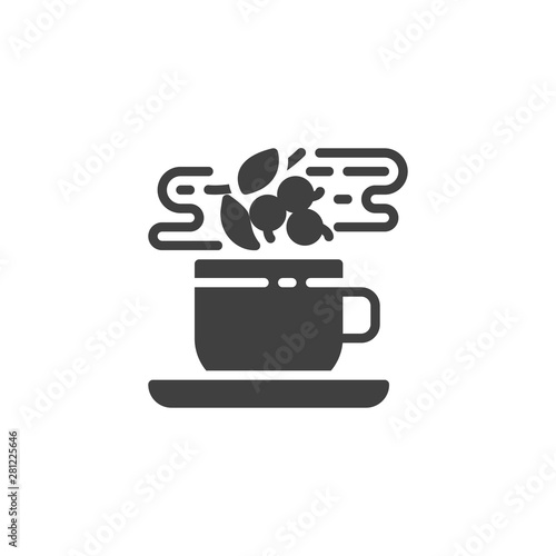 Herbal hot tea vector icon. Healthy fruit drink filled flat sign for mobile concept and web design. Tea cup with berry and leaves glyph icon. Symbol  logo illustration. Vector graphics