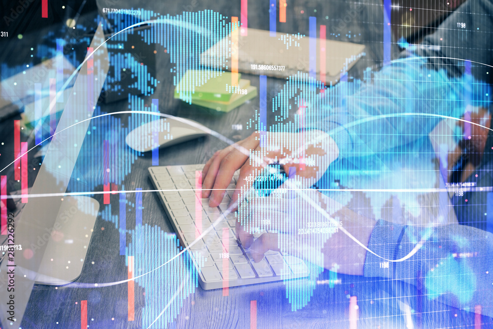 Double exposure of businessman working on laptop on background. International business hologram in front. Concept of success. Double exposure of businessman working on laptop on background. International business hologram in front. Concept of success.